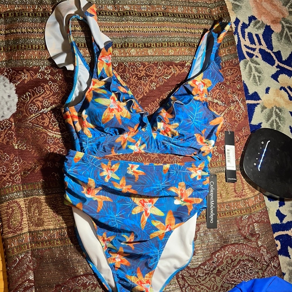 Catherine Malandrino Women's 2 Pc Ruffle Bikini Blue Multi Size S